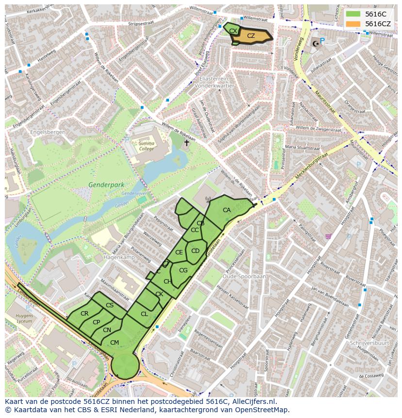 Afbeelding van het postcodegebied 5616 CZ op de kaart.