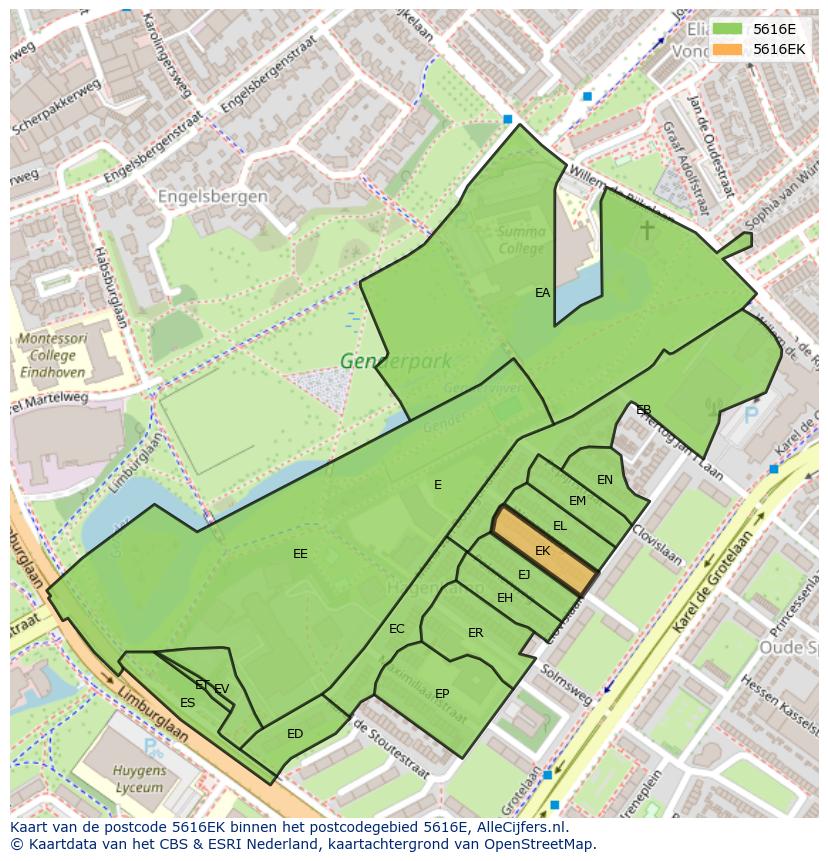 Afbeelding van het postcodegebied 5616 EK op de kaart.