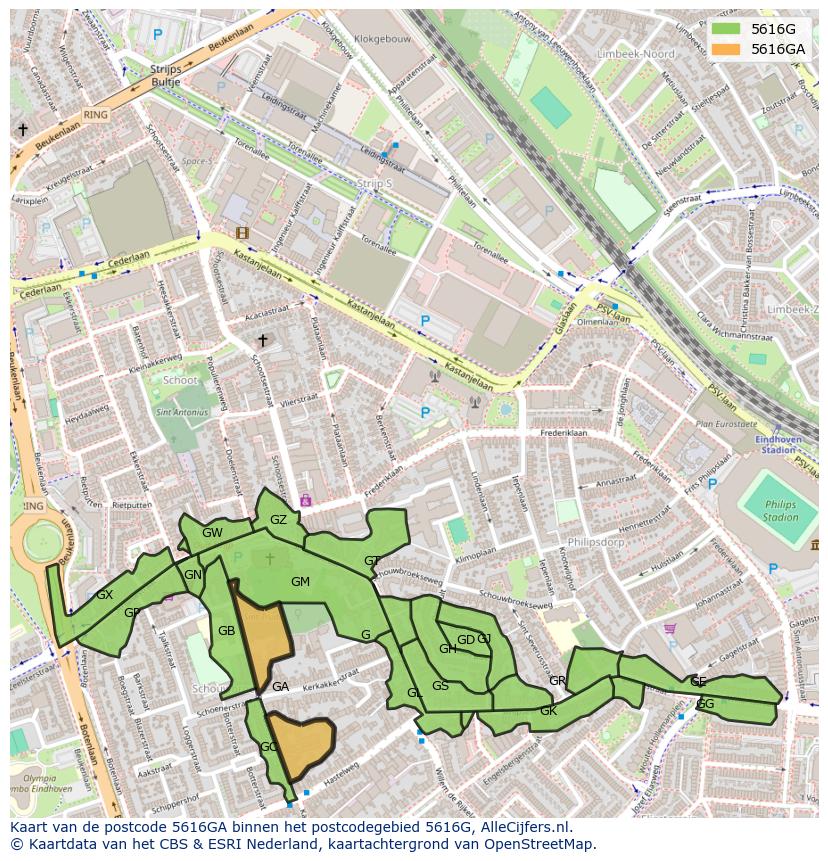 Afbeelding van het postcodegebied 5616 GA op de kaart.