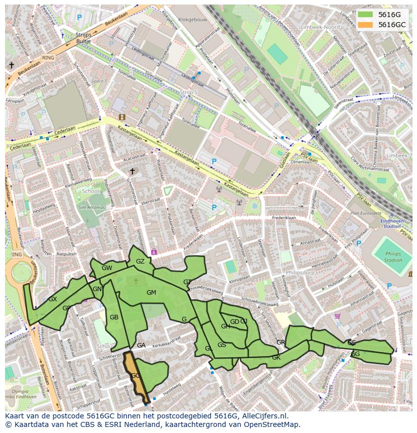 Afbeelding van het postcodegebied 5616 GC op de kaart.