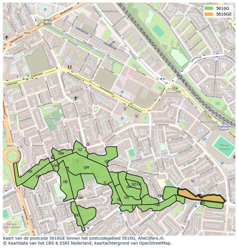 Afbeelding van het postcodegebied 5616 GE op de kaart.