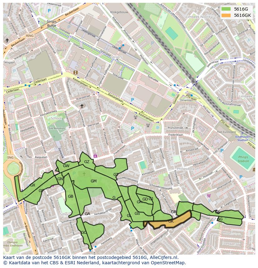 Afbeelding van het postcodegebied 5616 GK op de kaart.