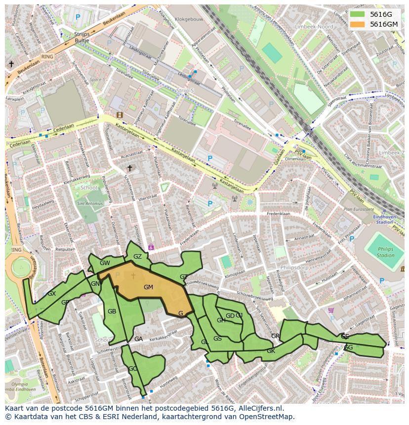 Afbeelding van het postcodegebied 5616 GM op de kaart.