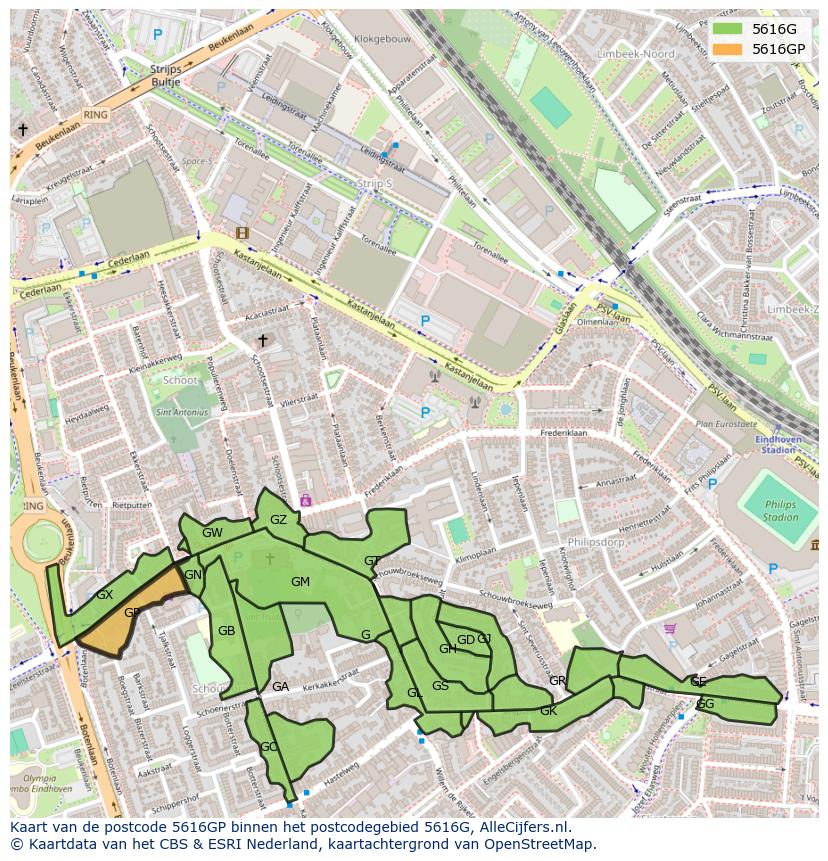 Afbeelding van het postcodegebied 5616 GP op de kaart.