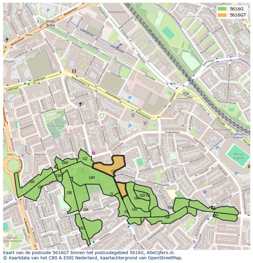 Afbeelding van het postcodegebied 5616 GT op de kaart.