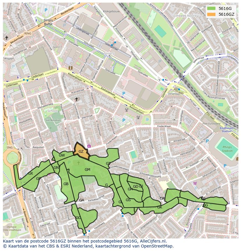Afbeelding van het postcodegebied 5616 GZ op de kaart.