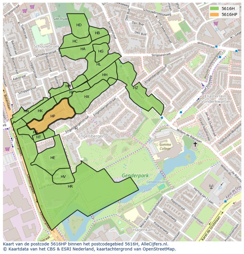 Afbeelding van het postcodegebied 5616 HP op de kaart.