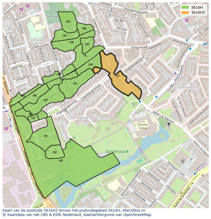 Afbeelding van het postcodegebied 5616 HZ op de kaart.