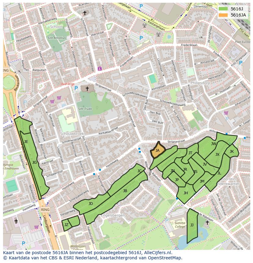 Afbeelding van het postcodegebied 5616 JA op de kaart.