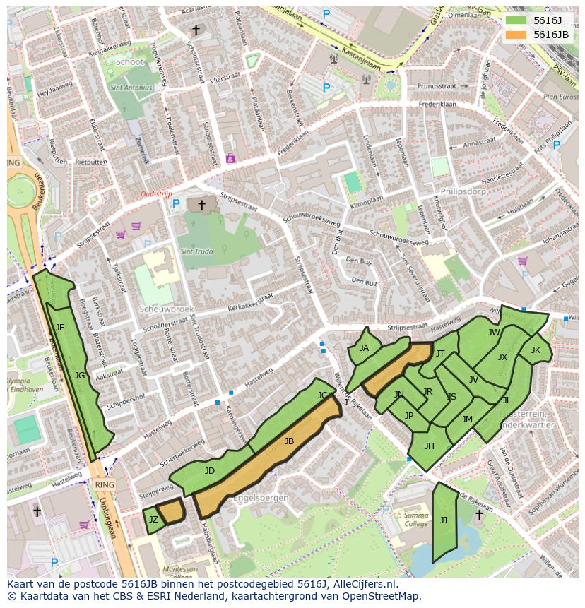 Afbeelding van het postcodegebied 5616 JB op de kaart.