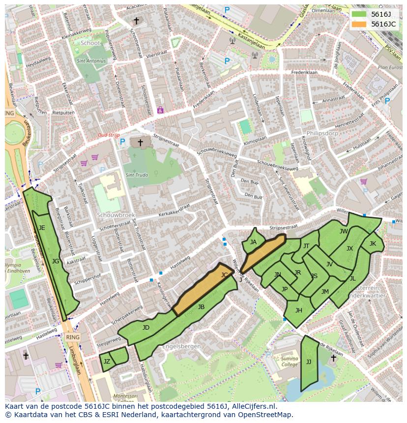 Afbeelding van het postcodegebied 5616 JC op de kaart.