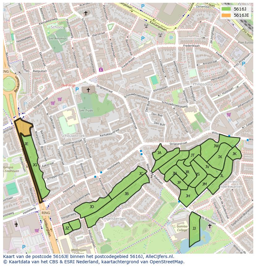 Afbeelding van het postcodegebied 5616 JE op de kaart.