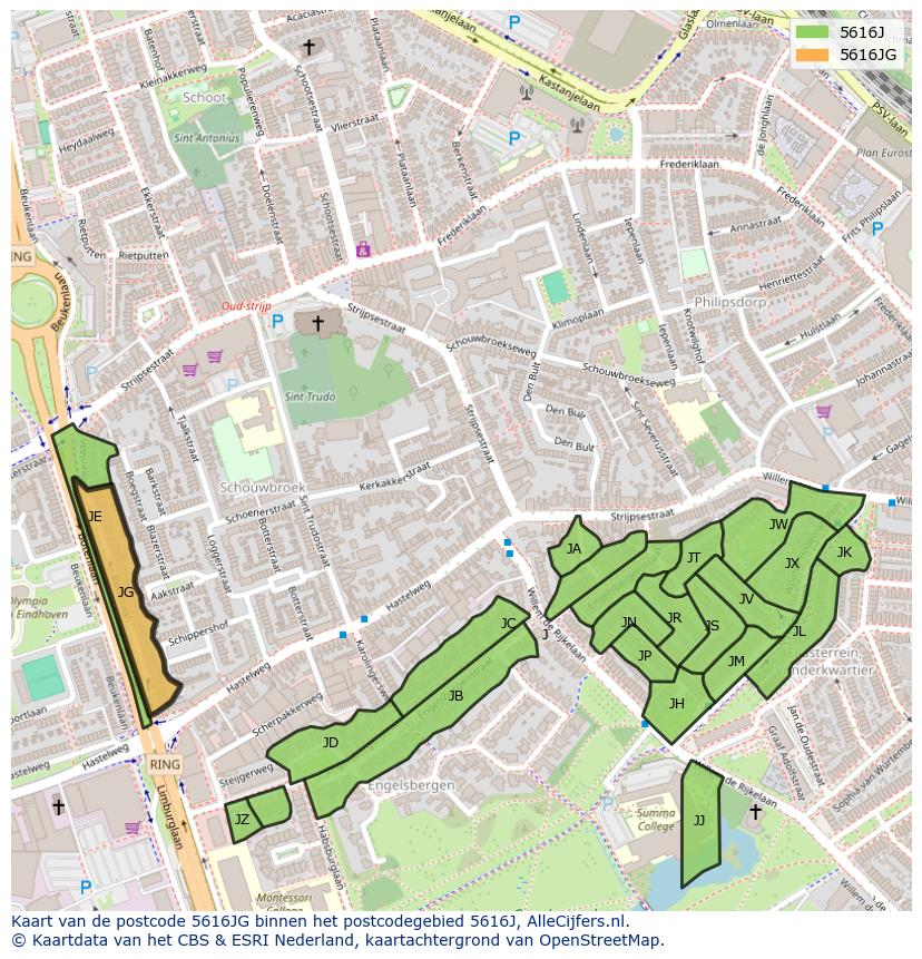 Afbeelding van het postcodegebied 5616 JG op de kaart.