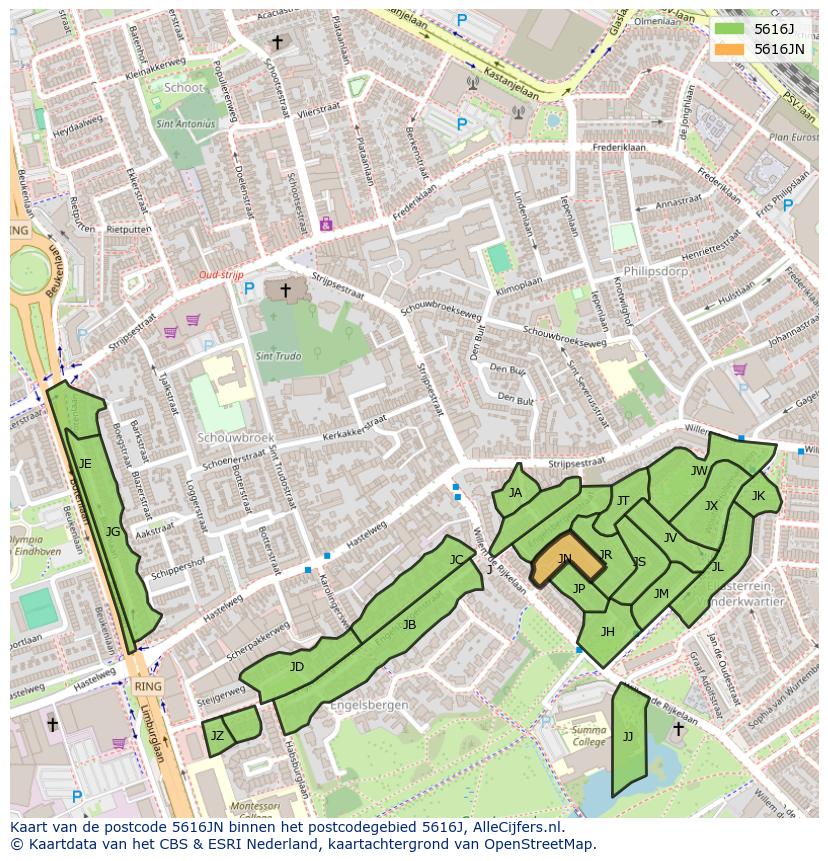 Afbeelding van het postcodegebied 5616 JN op de kaart.
