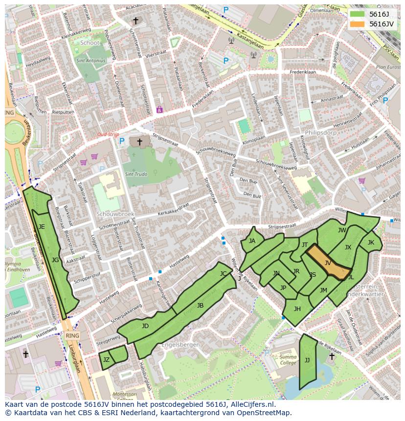 Afbeelding van het postcodegebied 5616 JV op de kaart.