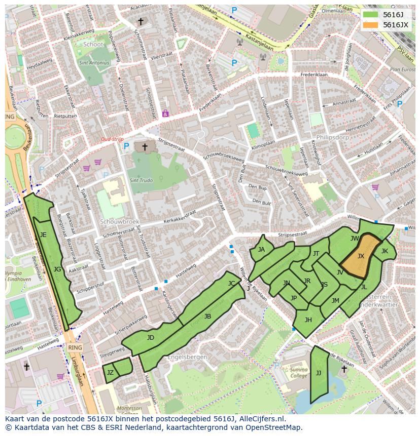 Afbeelding van het postcodegebied 5616 JX op de kaart.