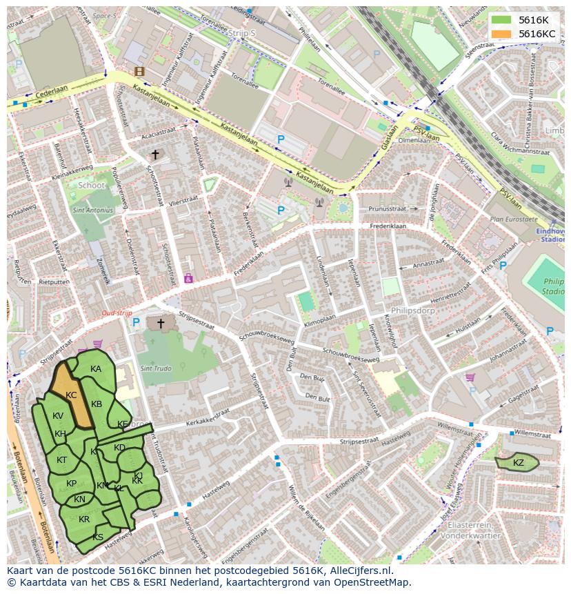 Afbeelding van het postcodegebied 5616 KC op de kaart.