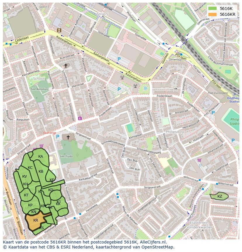 Afbeelding van het postcodegebied 5616 KR op de kaart.