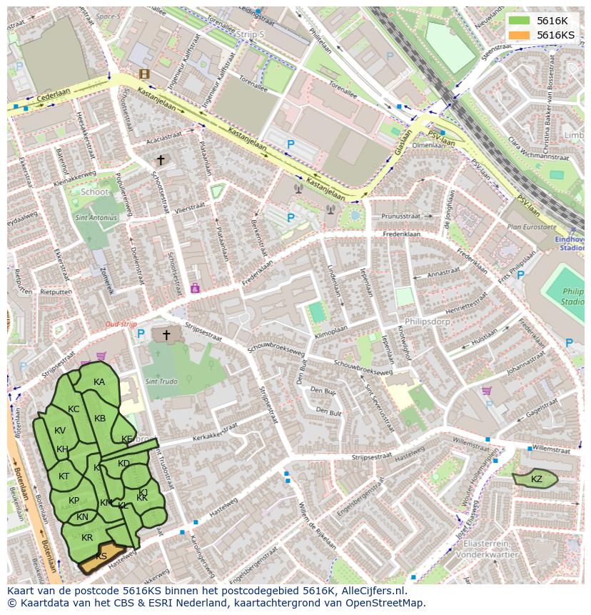 Afbeelding van het postcodegebied 5616 KS op de kaart.