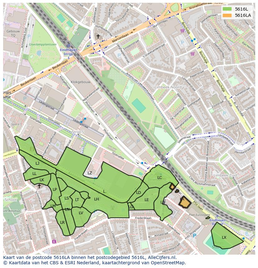 Afbeelding van het postcodegebied 5616 LA op de kaart.