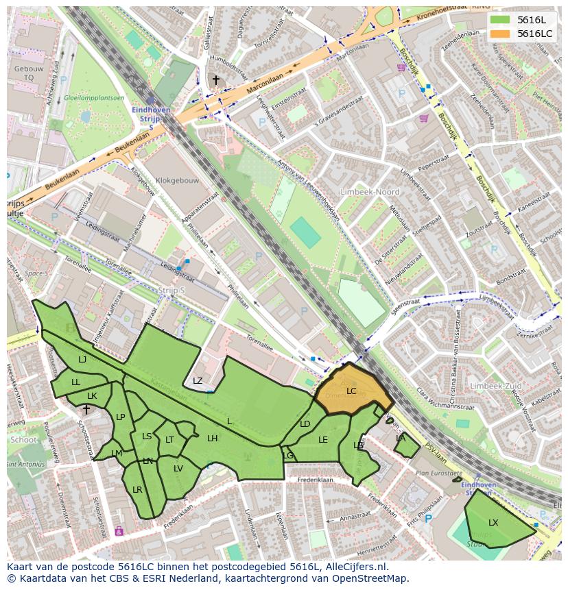 Afbeelding van het postcodegebied 5616 LC op de kaart.