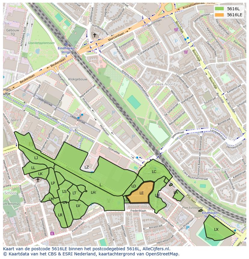 Afbeelding van het postcodegebied 5616 LE op de kaart.