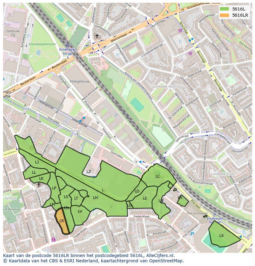 Afbeelding van het postcodegebied 5616 LR op de kaart.