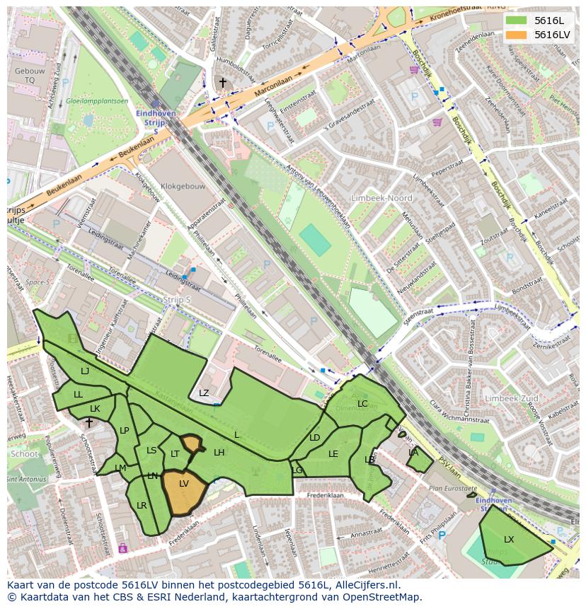 Afbeelding van het postcodegebied 5616 LV op de kaart.
