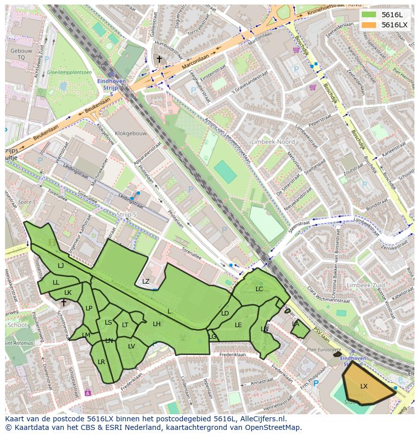Afbeelding van het postcodegebied 5616 LX op de kaart.
