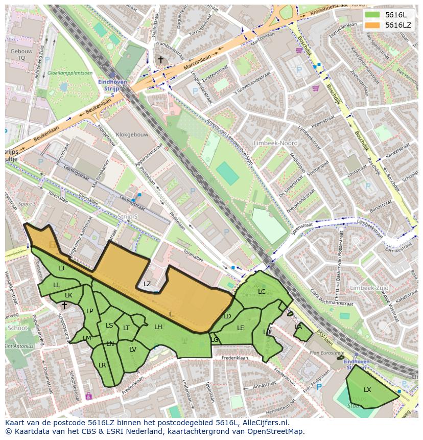 Afbeelding van het postcodegebied 5616 LZ op de kaart.
