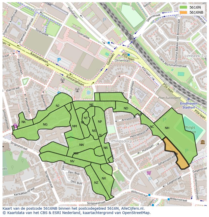 Afbeelding van het postcodegebied 5616 NB op de kaart.