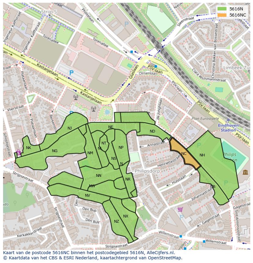 Afbeelding van het postcodegebied 5616 NC op de kaart.