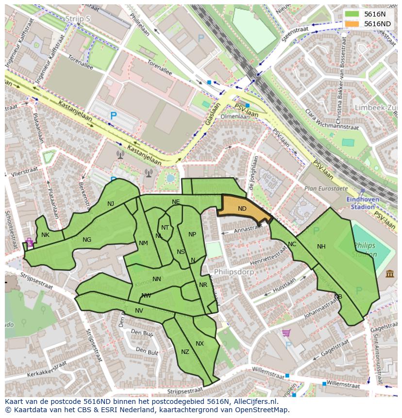 Afbeelding van het postcodegebied 5616 ND op de kaart.