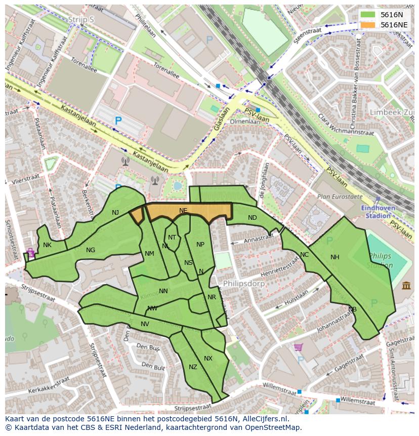Afbeelding van het postcodegebied 5616 NE op de kaart.