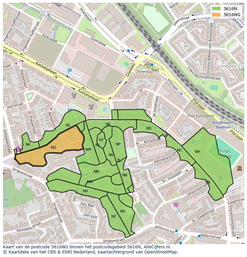 Afbeelding van het postcodegebied 5616 NG op de kaart.