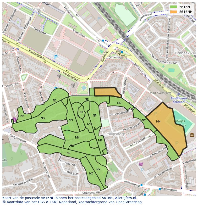 Afbeelding van het postcodegebied 5616 NH op de kaart.