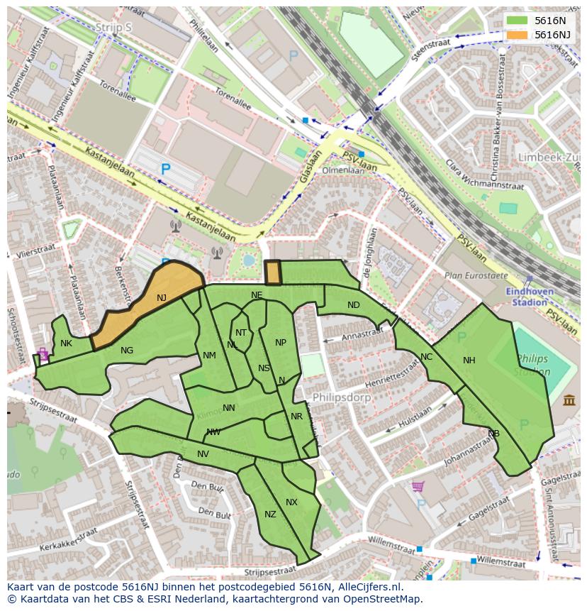 Afbeelding van het postcodegebied 5616 NJ op de kaart.