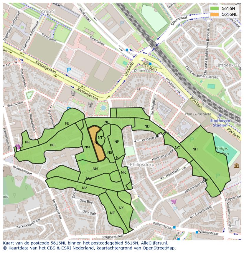 Afbeelding van het postcodegebied 5616 NL op de kaart.