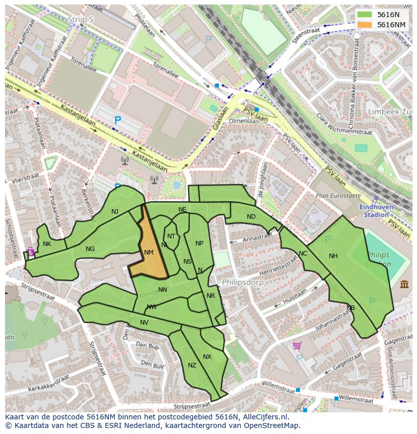 Afbeelding van het postcodegebied 5616 NM op de kaart.