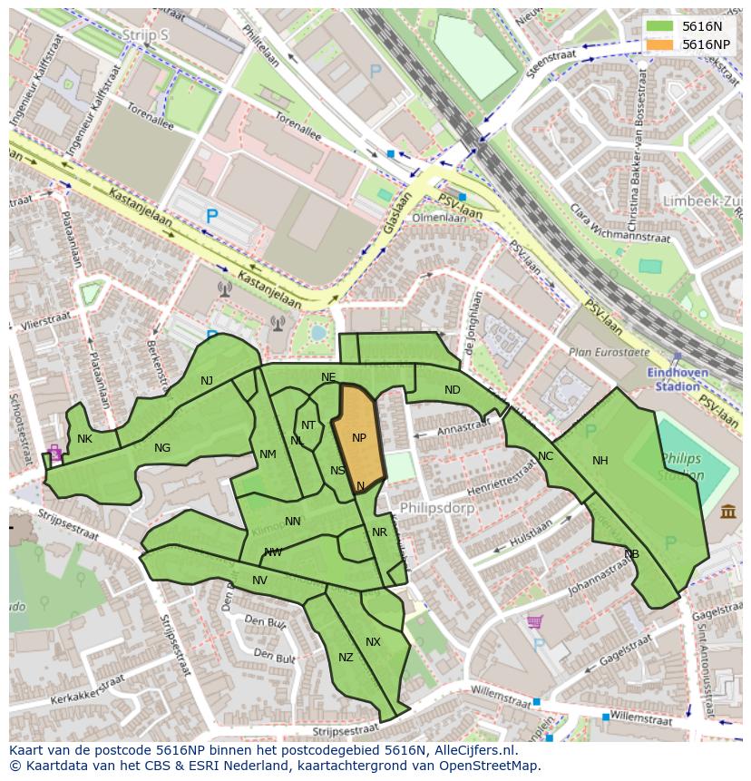 Afbeelding van het postcodegebied 5616 NP op de kaart.