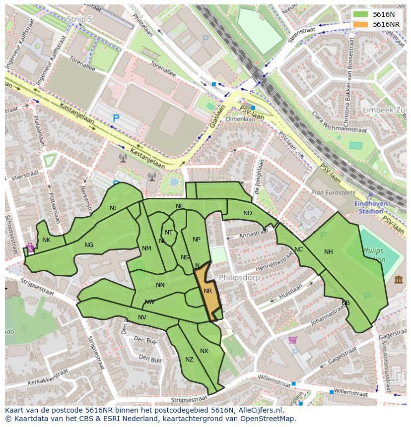 Afbeelding van het postcodegebied 5616 NR op de kaart.