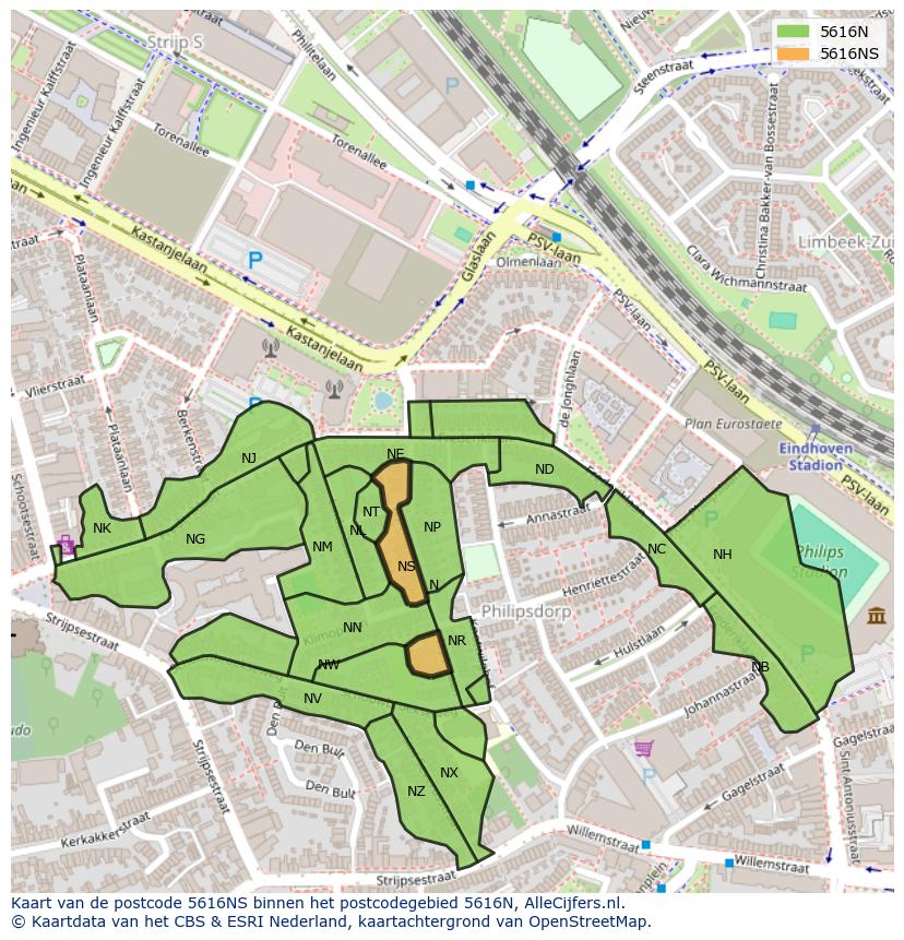 Afbeelding van het postcodegebied 5616 NS op de kaart.