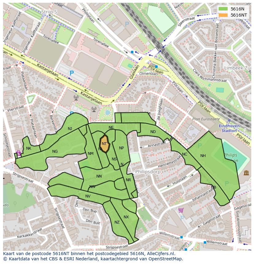 Afbeelding van het postcodegebied 5616 NT op de kaart.