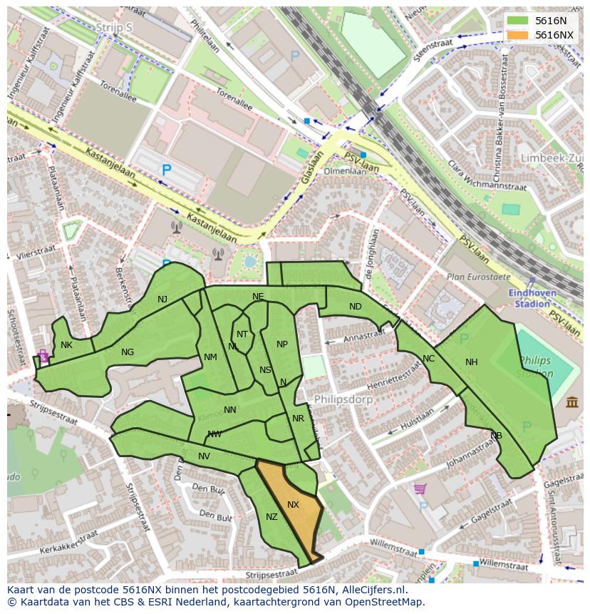 Afbeelding van het postcodegebied 5616 NX op de kaart.