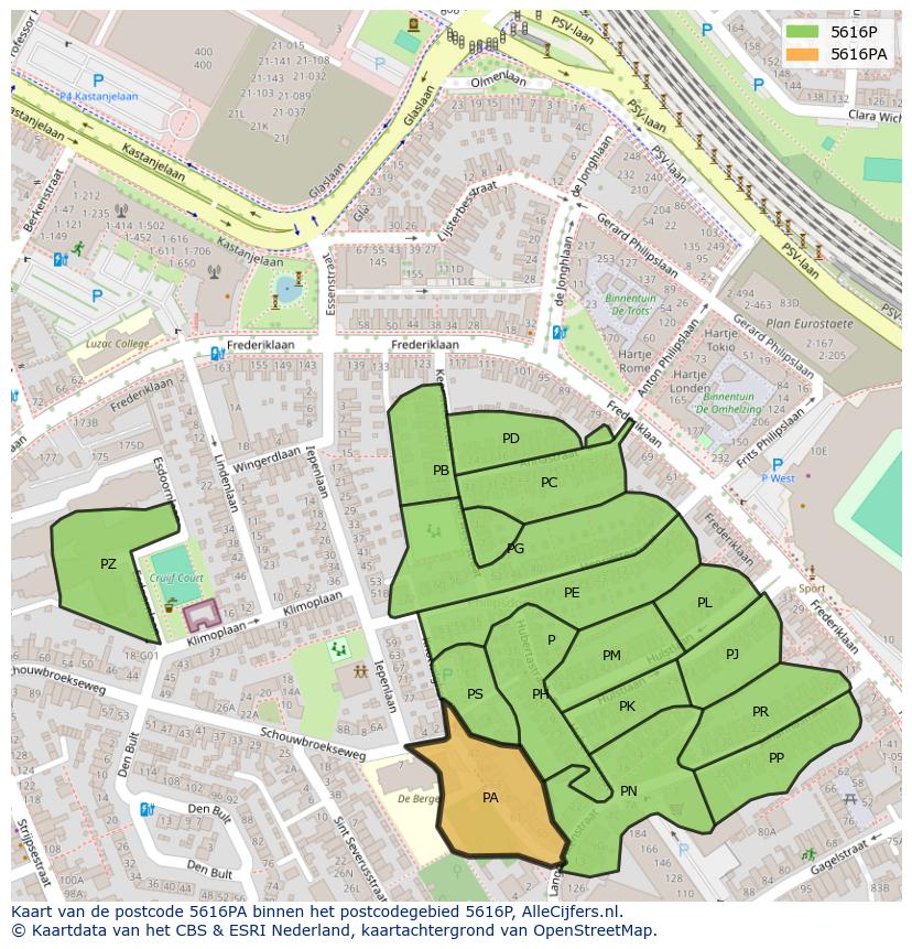 Afbeelding van het postcodegebied 5616 PA op de kaart.