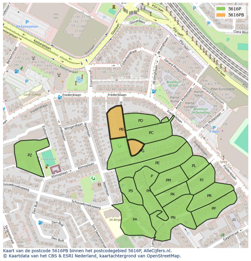 Afbeelding van het postcodegebied 5616 PB op de kaart.