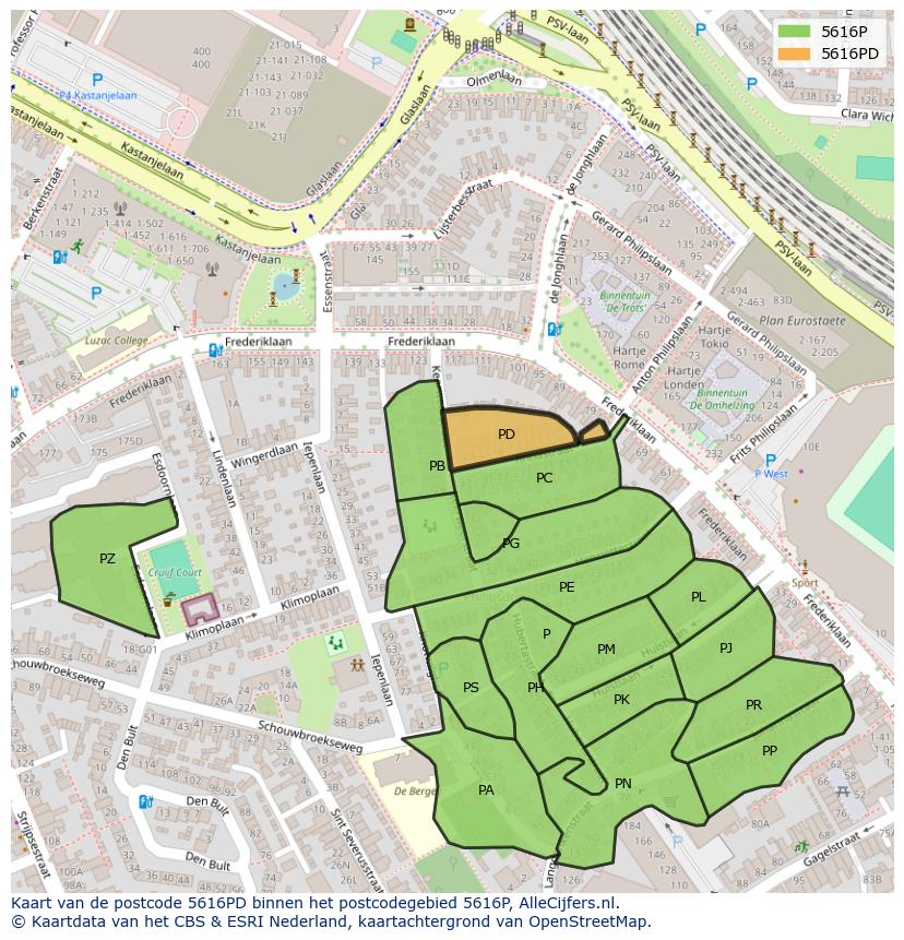 Afbeelding van het postcodegebied 5616 PD op de kaart.