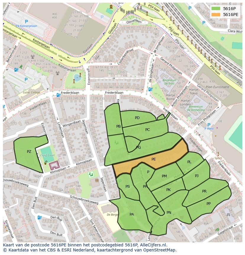 Afbeelding van het postcodegebied 5616 PE op de kaart.