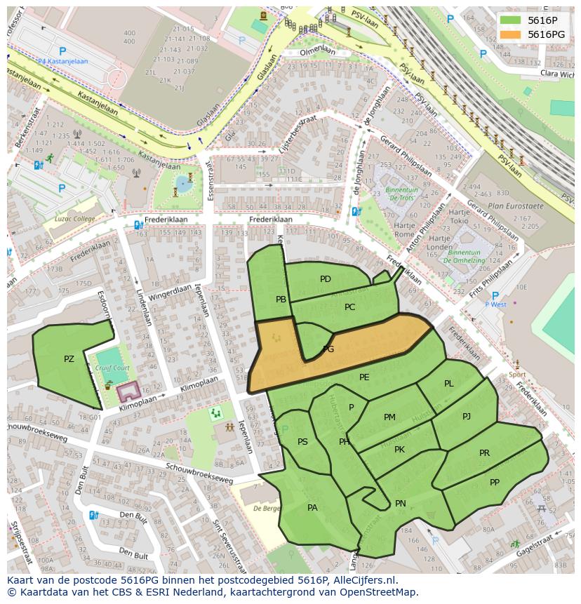 Afbeelding van het postcodegebied 5616 PG op de kaart.