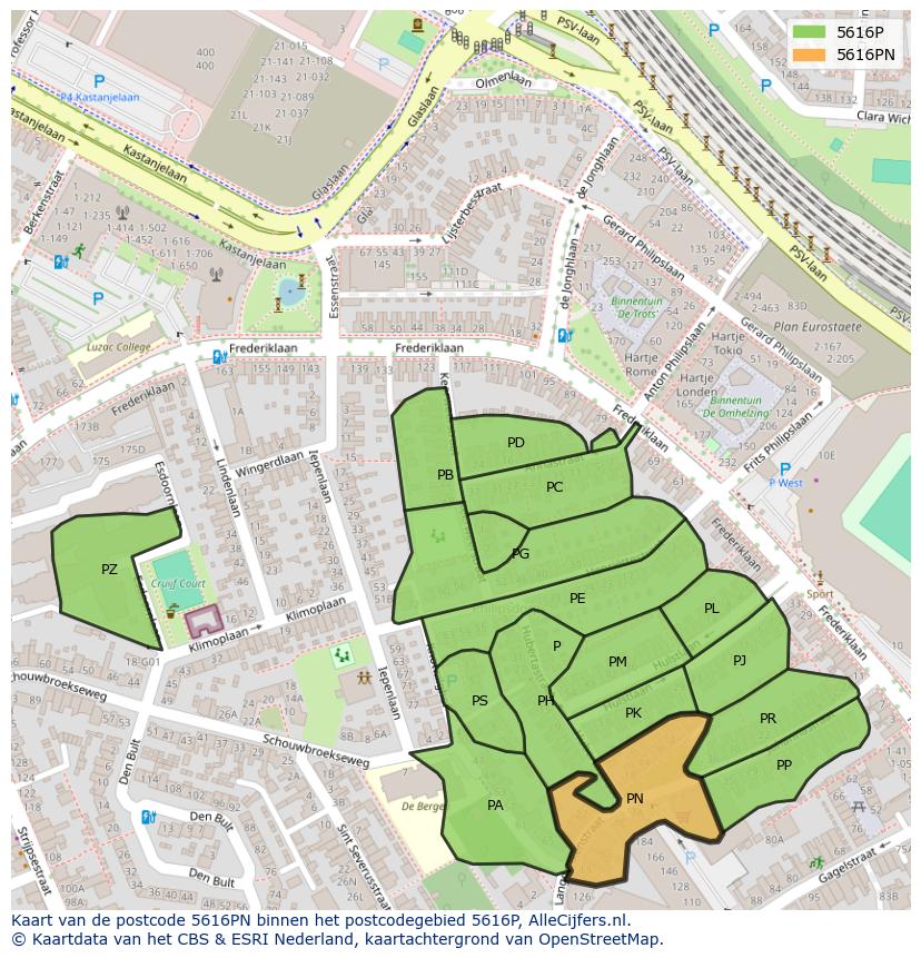 Afbeelding van het postcodegebied 5616 PN op de kaart.